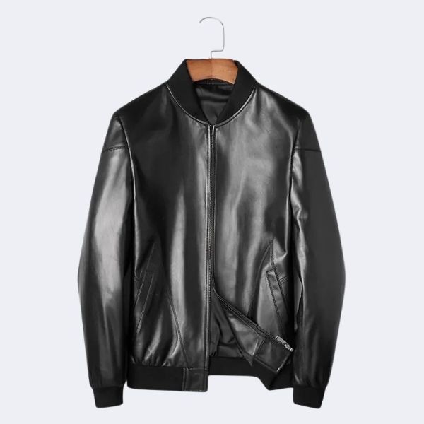 Men’s Genuine Sheepskin Leather Jacket – Short Casual Black Stand Collar Coat with Pockets