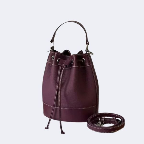 Purple Cowhide Leather Drawstring Bucket Bag – Women’s Crossbody