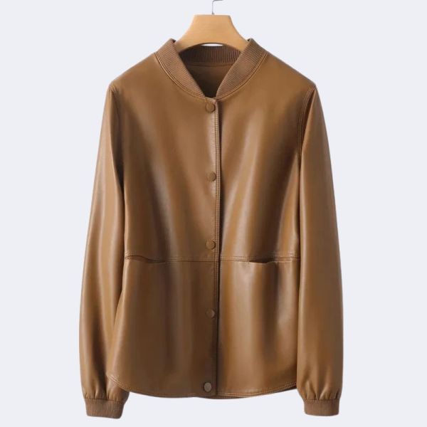 Women’s Genuine Sheepskin Leather Jacket – Stand Collar, Single-Breasted Short Coat, Casual Loose Fit