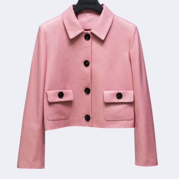 Women’s Genuine Sheepskin Leather Jacket – Square Collar, Slim Short Coat, Single-Breasted Blazer