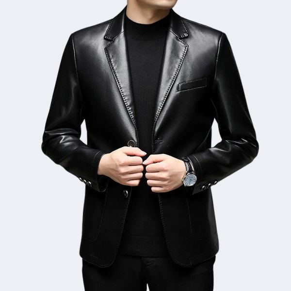 Men’s Genuine Leather Jacket Blazer G139 – Slim Fit Business Casual Zipper Coat