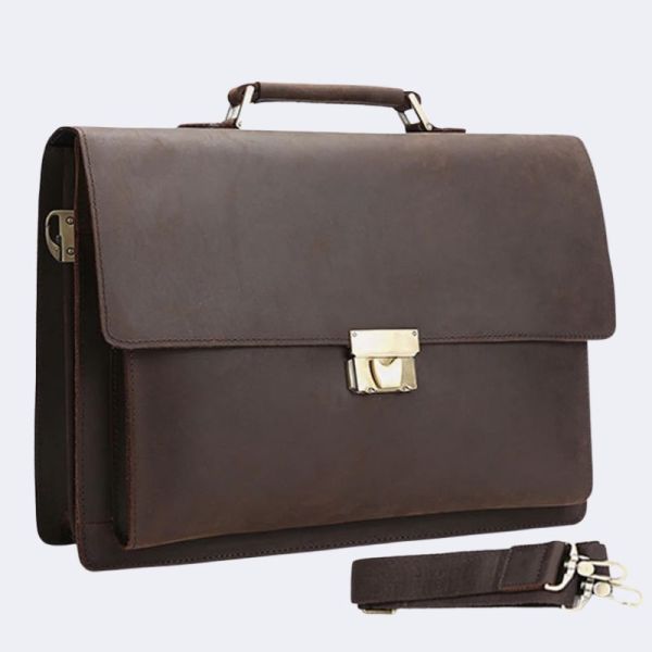 Vintage Genuine Leather Men’s Briefcase – 14" Laptop Tote Shoulder Bag with Coded Lock Business Handbag