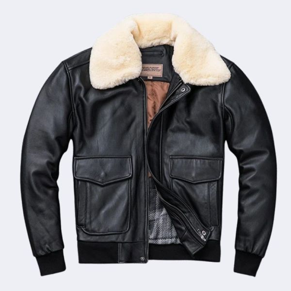 Quilted 100% Sheepskin Leather Jacket M176 – Men’s Air Force Flight Winter Coat with Removable Collar