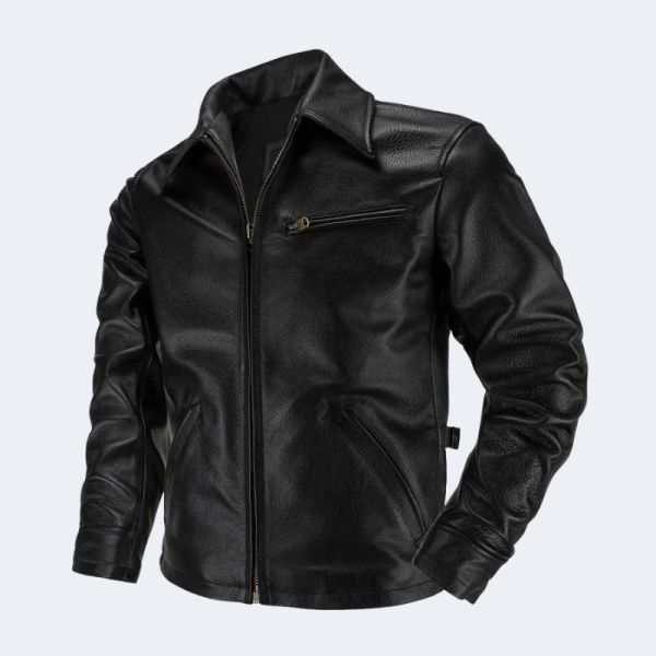 Men’s Genuine Cowhide Leather Jacket – Classic Stand Collar Motorcycle Coat, Autumn Winter Plus Size