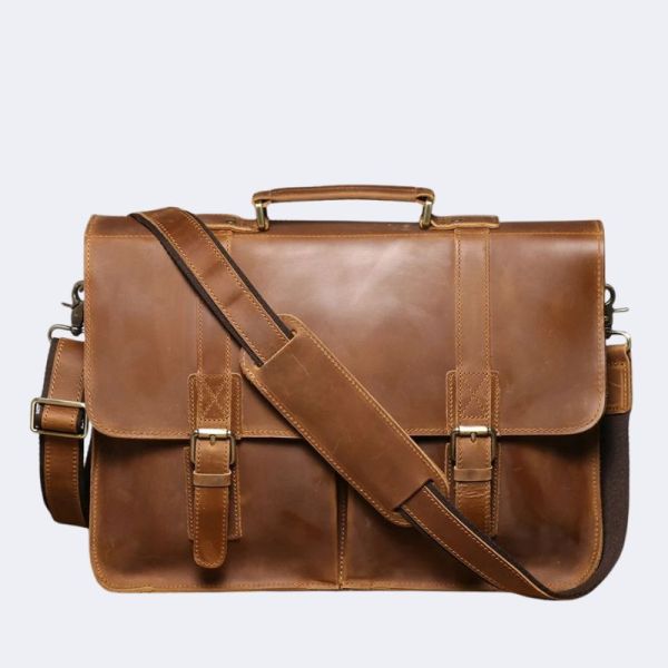 Retro Crazy Horse Leather Men’s Briefcase – Genuine Cowhide Laptop Shoulder & Crossbody Bag (14 Inch Large Capacity)