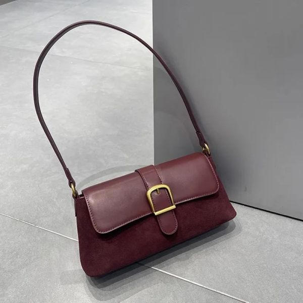 Office Lady Elegant Vintage Suede Genuine Leather Single Shoulder Bag Autumn Handbag Casual Design Pillow Bag Women Armpit BagsWINE RED_1005008202982876 28X14X7CM