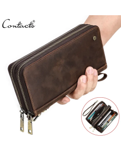 Genuine Leather Men's Wallet Clutch Bag with Double Zipper