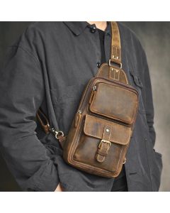 Men's Vintage Leather Chest Sling Bag, Crossbody Shoulder Backpack